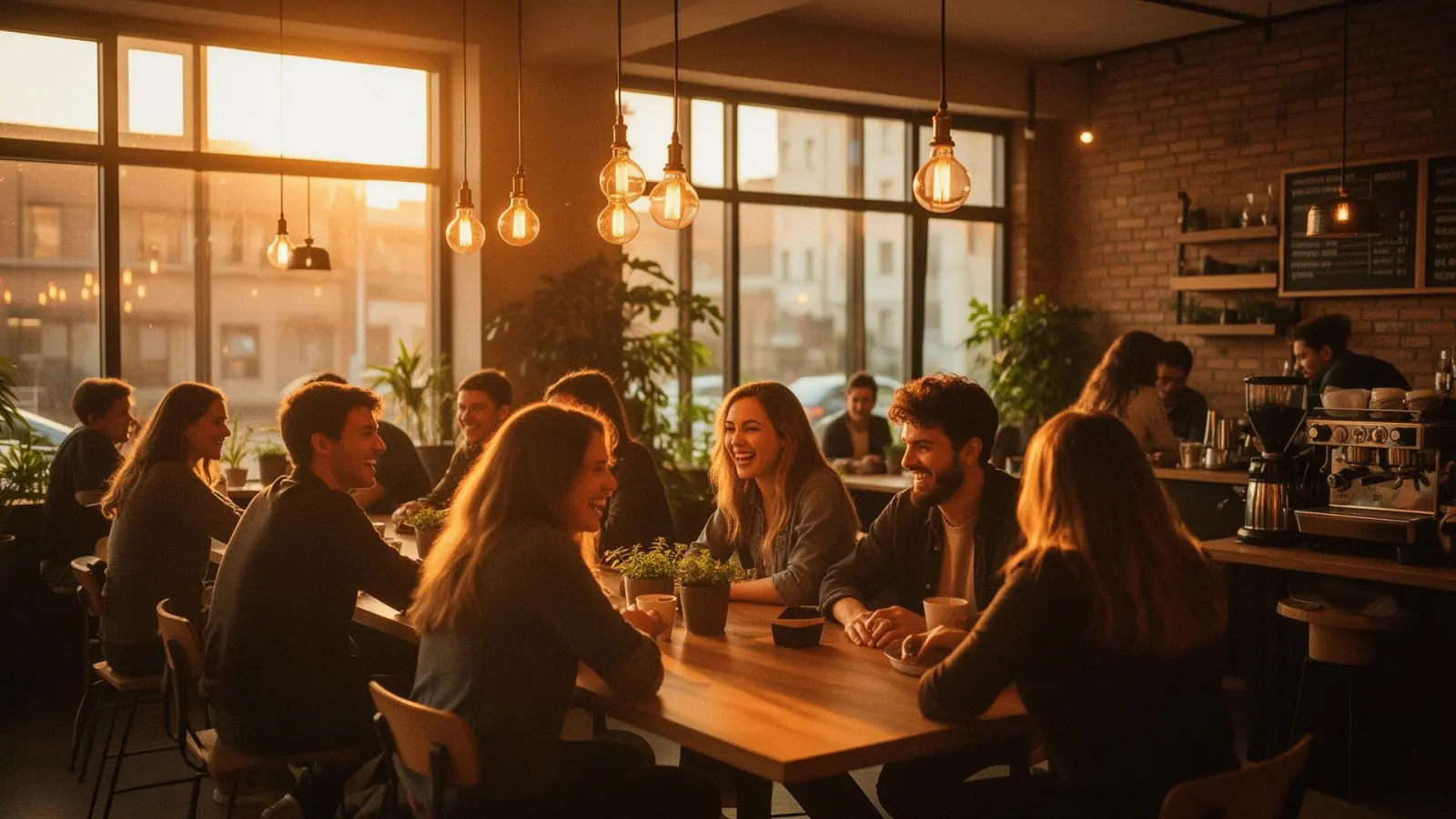 Warm café interior at golden hour